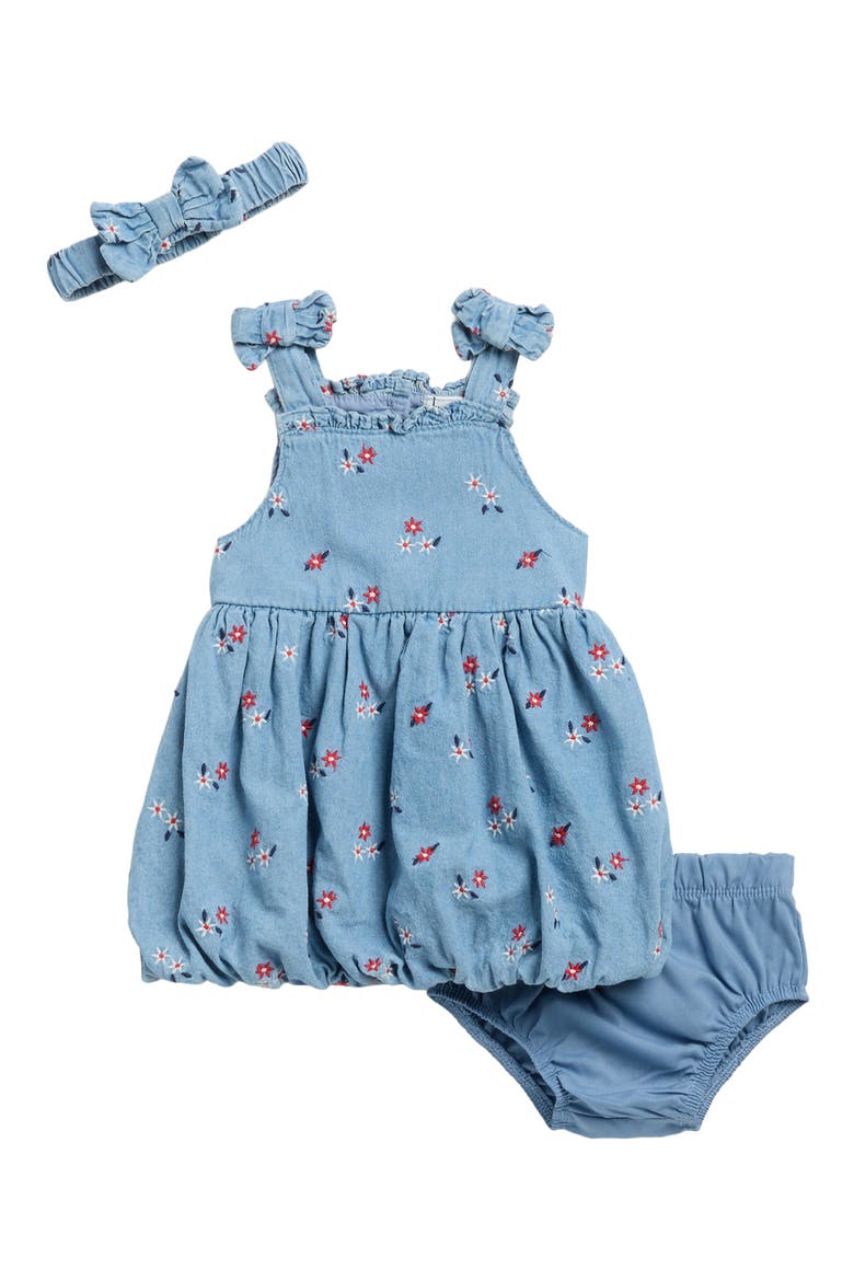 Kids' Schiffli Embroidered Denim Bubble Dress Set, Main, color, DENIM WASH