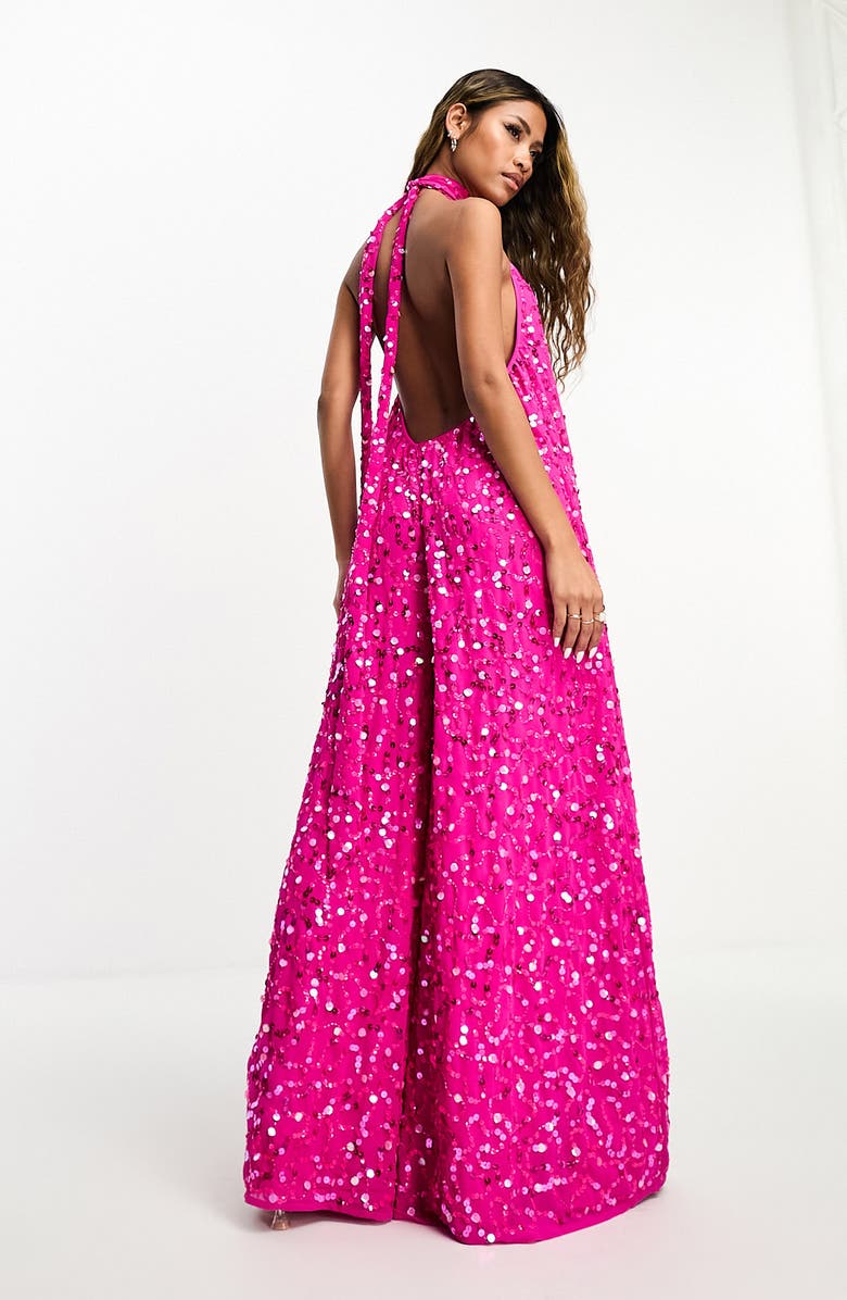 ASOS DESIGN Sequin Halter Neck Open Back Wide Leg Jumpsuit, Alternate, color, 