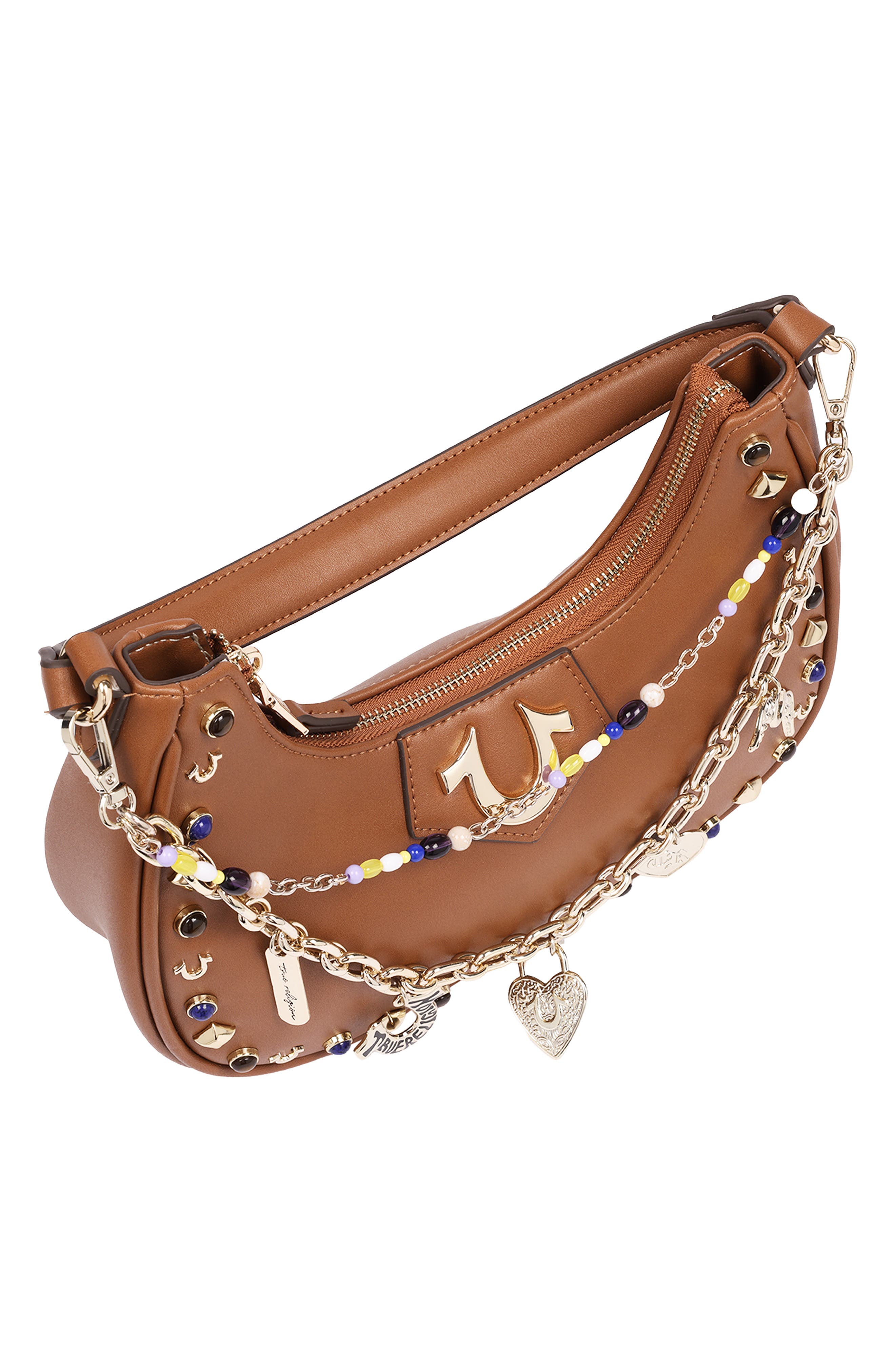Chain and Studded Faux Leather Hobo, Alternate, color, COGNAC