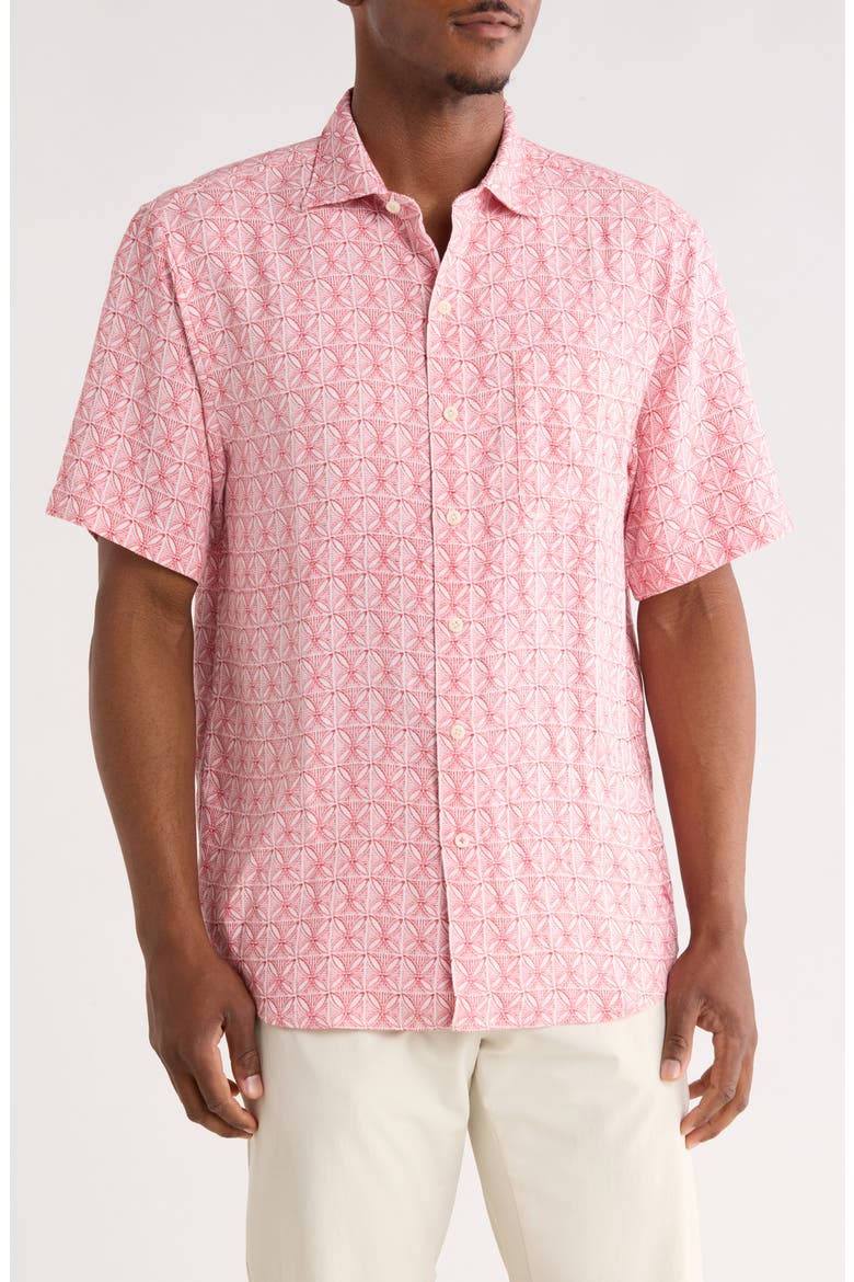 Wash of Watercolor Geo Print Short Sleeve Button-Up Shirt, Main, color, BRIGHT ROSE