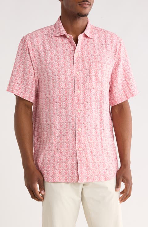 Wash of Watercolor Geo Print Short Sleeve Button-Up Shirt