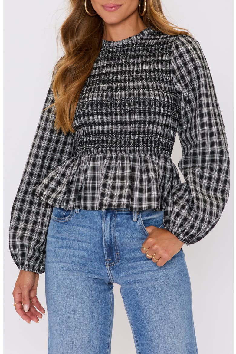 Kaia Plaid Smocked Peplum Top, Main, color, NAVY PLAID