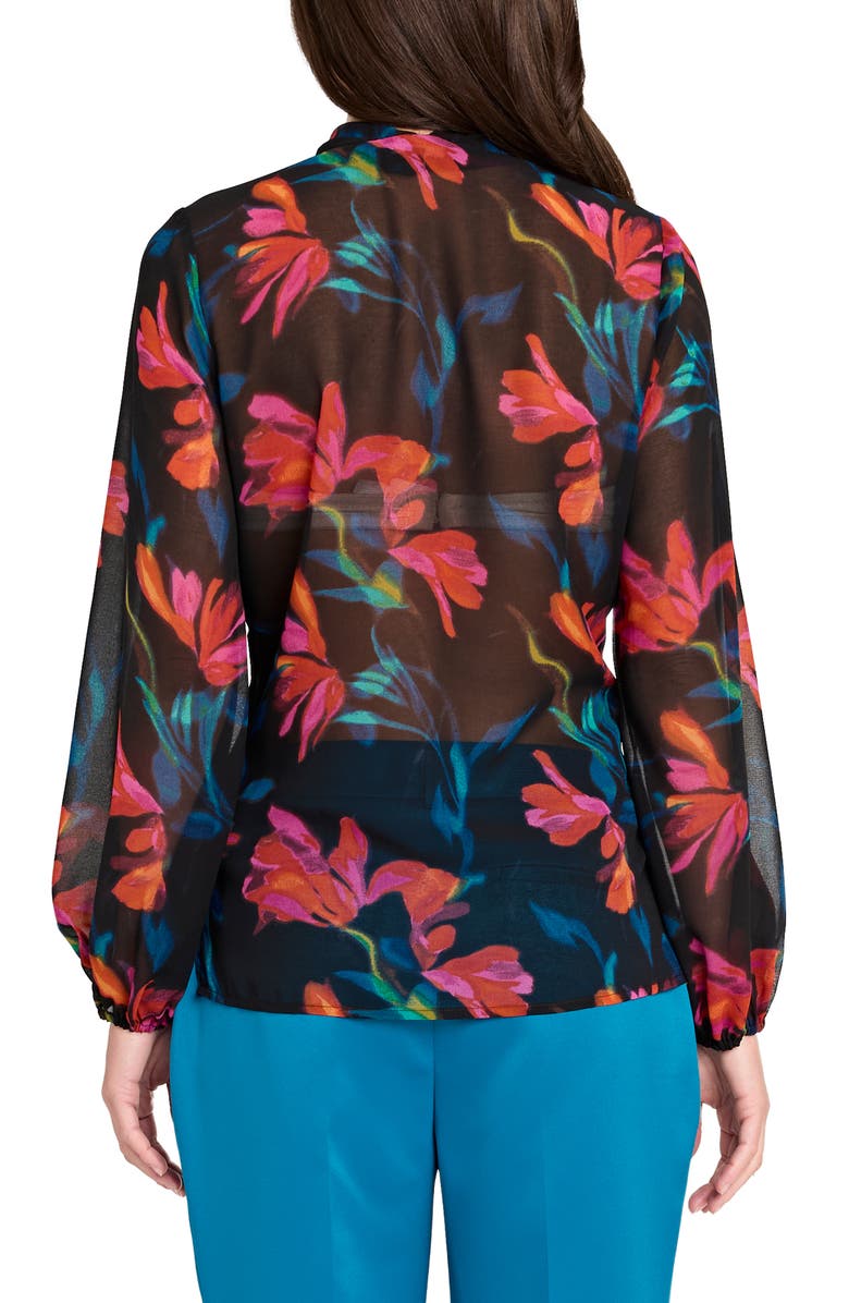 Tahari ASL Floral Bow Neck Chiffon Top, Alternate, color, Black Pink Floral