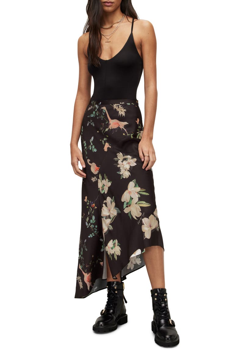 Luisa Fabia Floral Print Asymmetric Skirt, Alternate, color, BLACK
