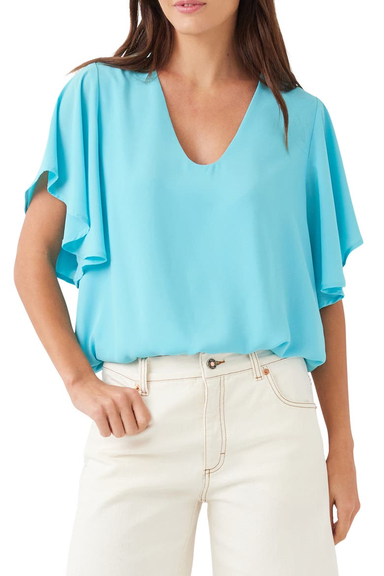 Flutter Sleeve V-Neck Top, Main, color, AQUA
