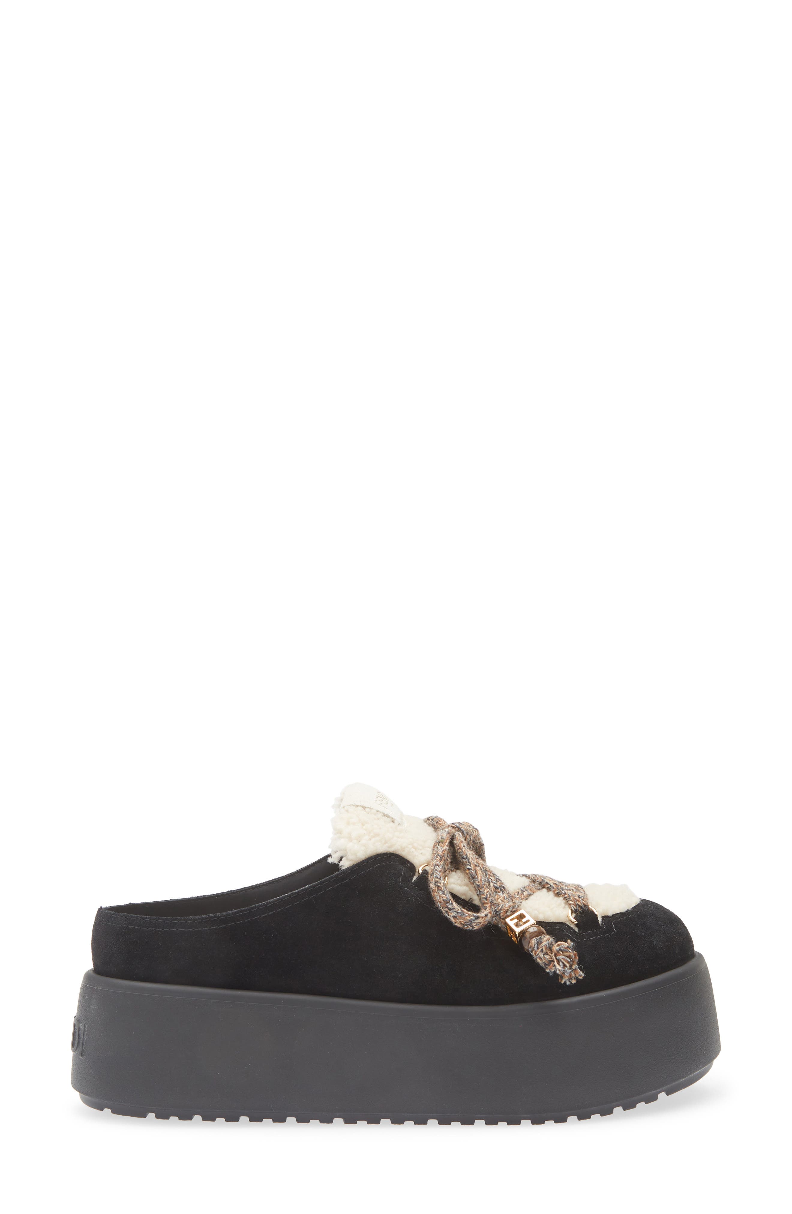 Fendi Après Chic Leather & Genuine Shearling Mule, Alternate, color, Black