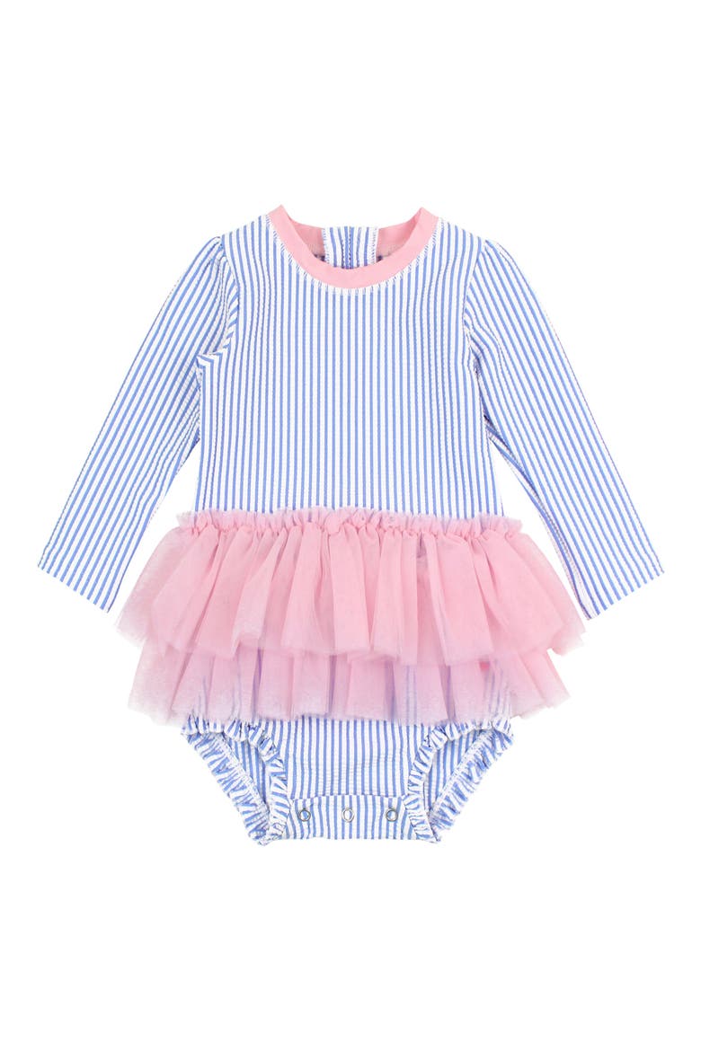 Seersucker Long Sleeve One-Piece Swimsuit, Main, color, BLUE