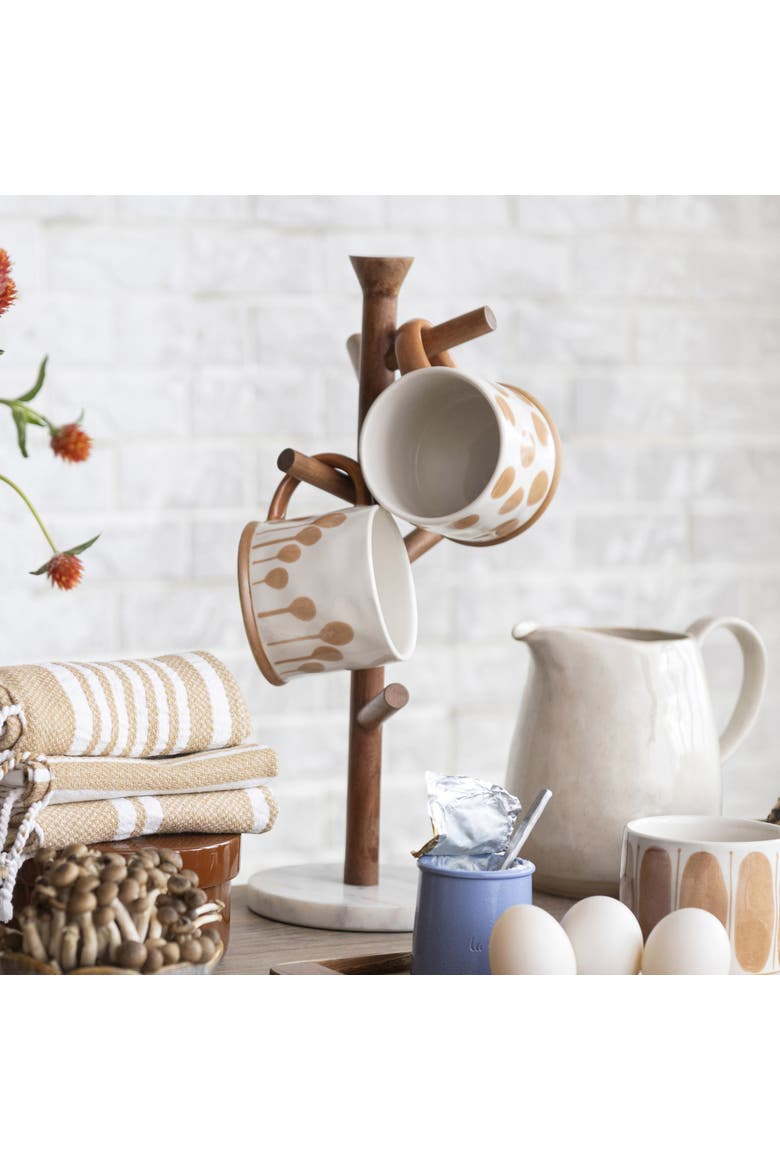 Tall Mango Wood and Marble Mug Rack, Natural and White, Alternate, color, Natural