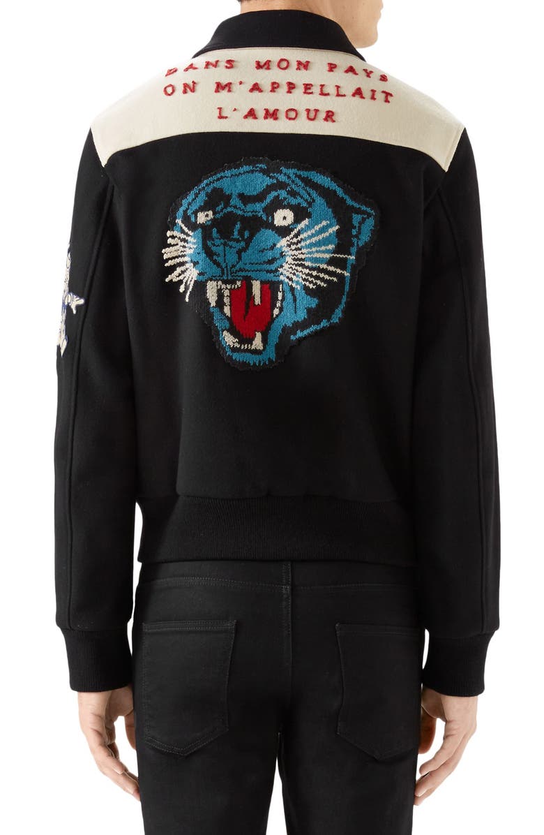 Gucci Wool Bomber with Cat Appliqué, Alternate, color, 