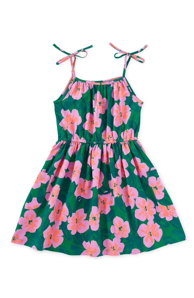 Tea Collection Tie Shoulder Twirl Dress, Main, color, Bold Hibiscus