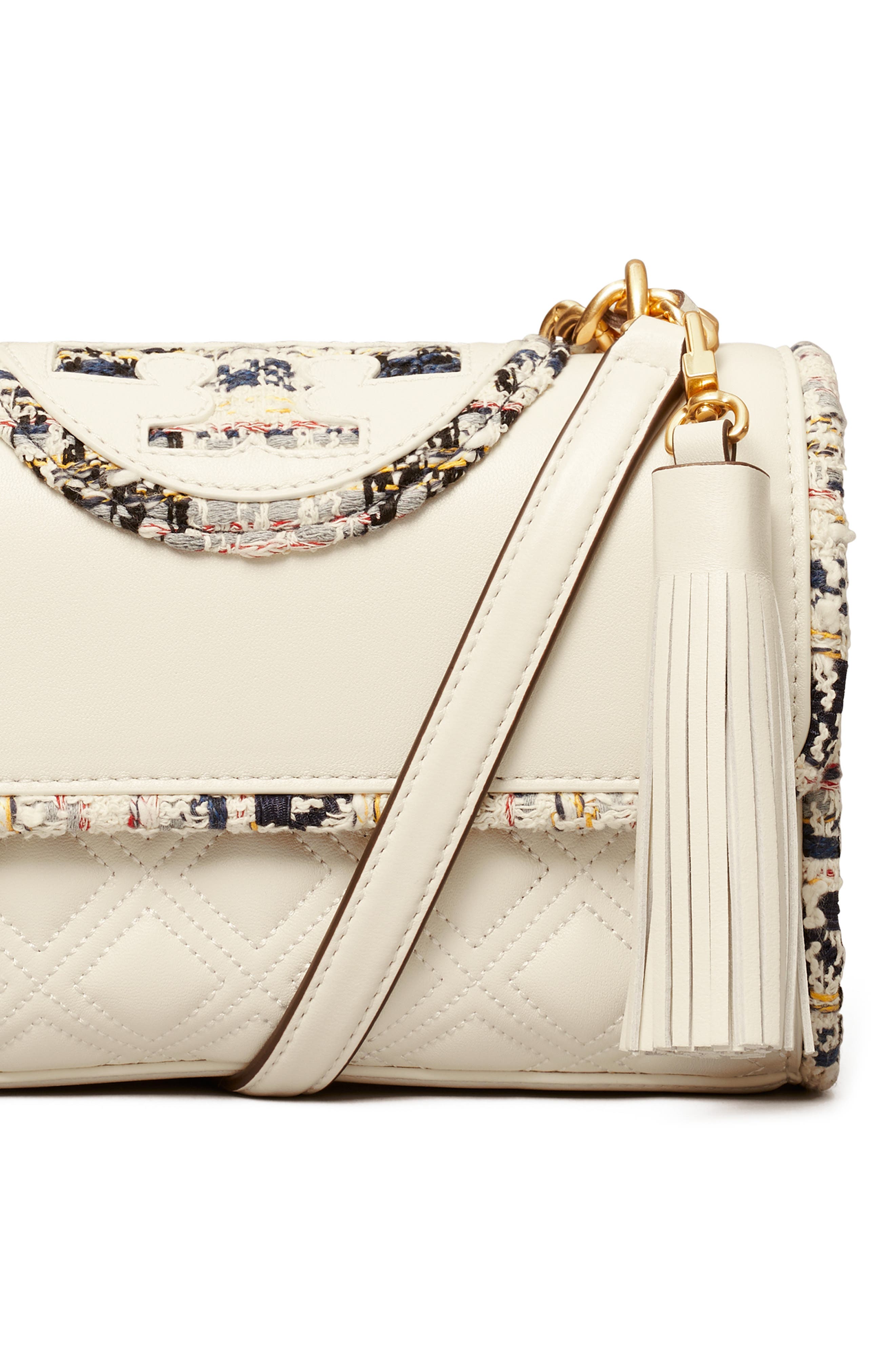 Tory Burch Small Fleming Convertible Leather & Tweed Shoulder Bag, Alternate, color, 