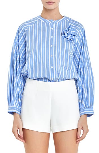 English Factory Stripe 3d Rosette Shirt In Powder Blue