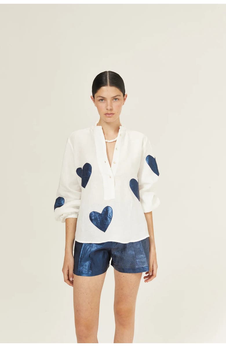 LANHTROPY Cupid Linen Shirt, Alternate, color, Off-White W/ Blue Hearts