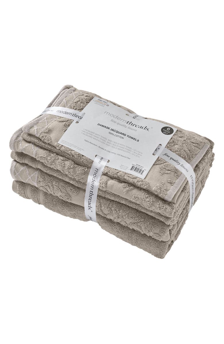 Modern Threads Embellished Border Damask Jacquard Towel 6-Piece Set - Grey, Alternate, color, Grey