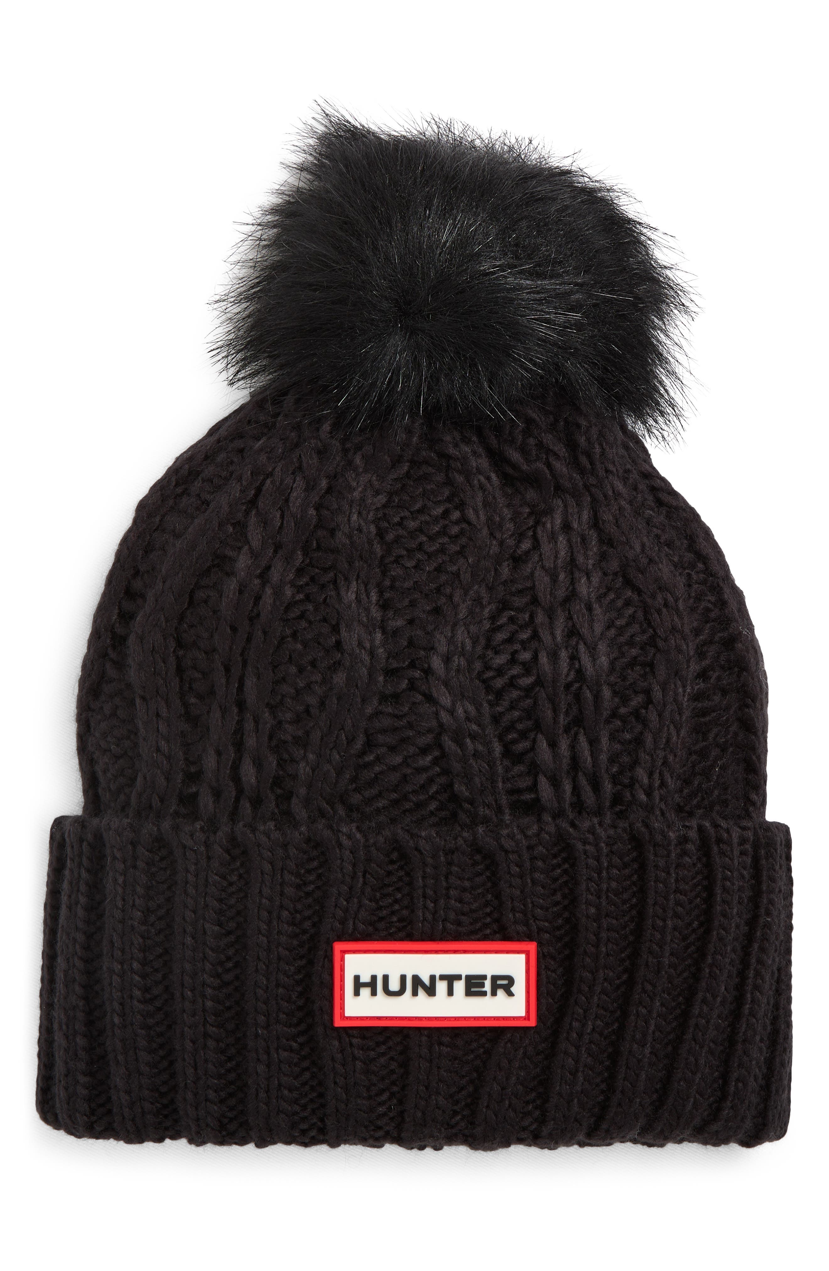 Hunter Logo Cable Knit Faux Fur Pompom Fleece Lined Beanie
