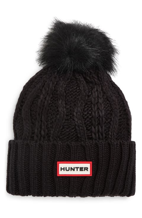 Logo Cable Knit Faux Fur Pompom Fleece Lined Beanie