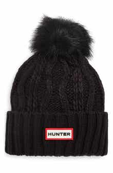 Hunter Logo Cable Knit Faux Fur Pompom Fleece Lined Beanie