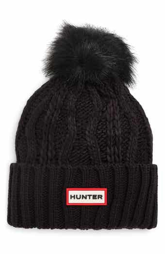 Hunter Logo Cable Knit Faux Fur Pompom Fleece Lined Beanie