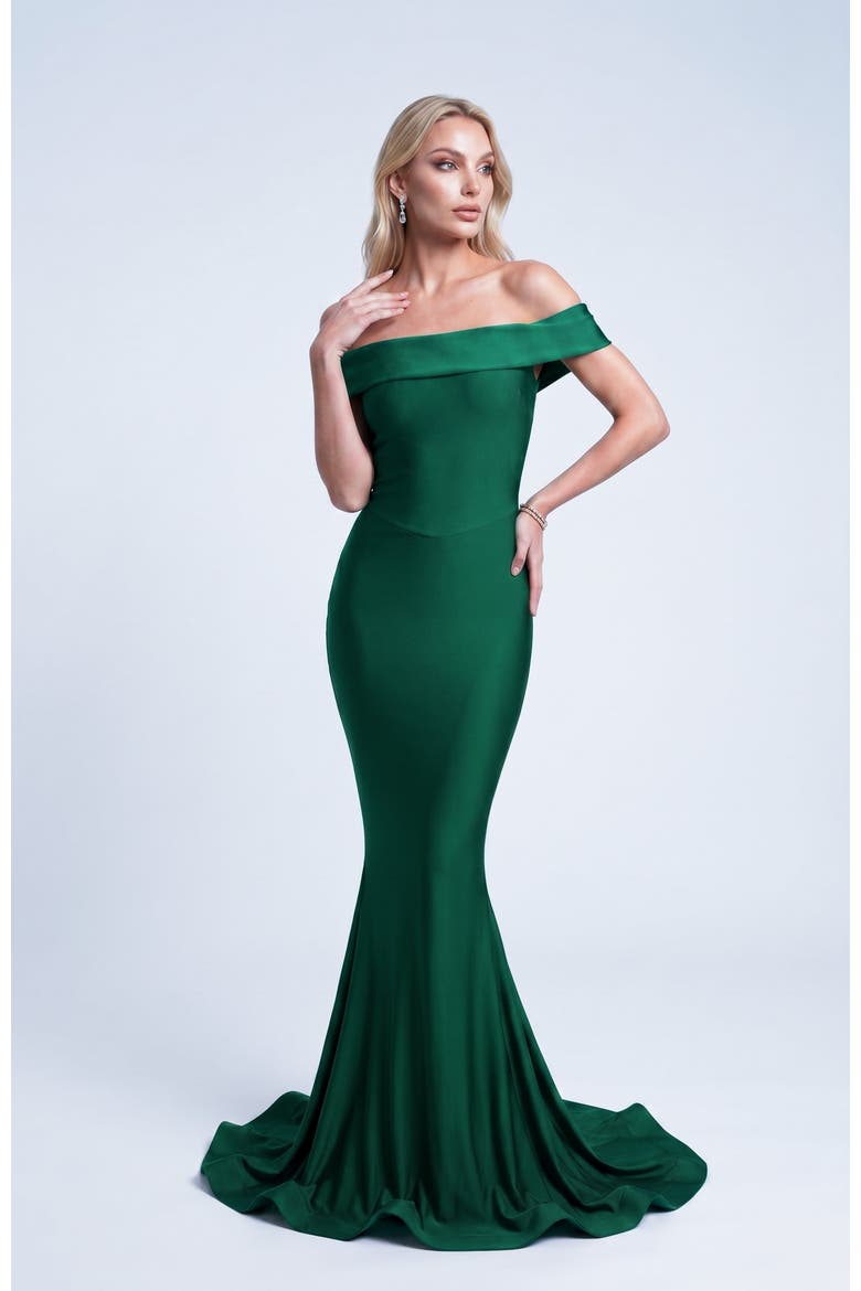 Off The Shoulder Sculpted Mermaid Evening Gown, Main, color, Forest Green