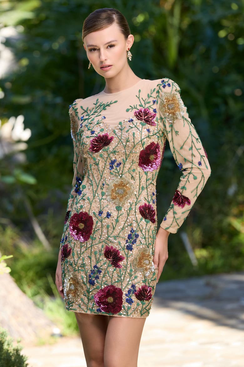 Long Sleeve Sheer Bustier Floral Embroidered Dress, Alternate, color, Nude Multi