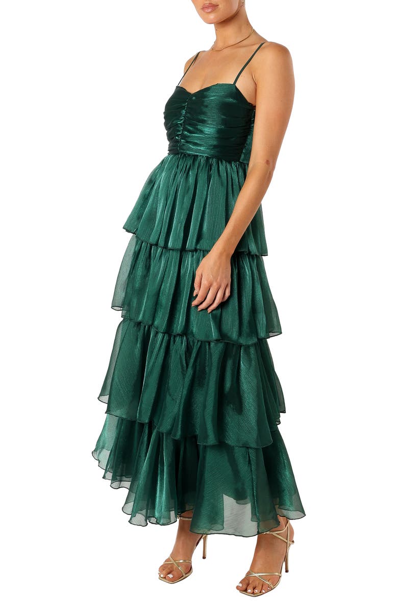 Petal & Pup Jace Tiered Satin Gown, Alternate, color, Shimmer Emerald
