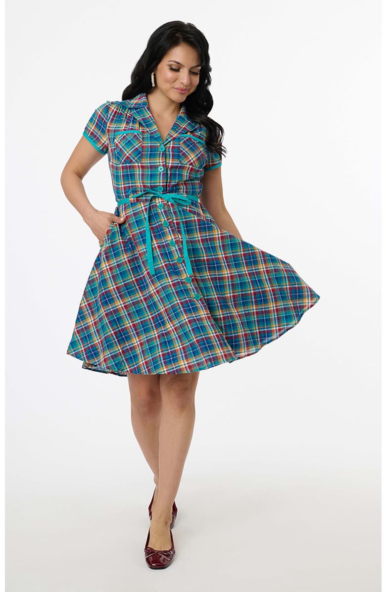 Smak Parlour 1960s Fit & Flare Dress, Main, color, Teal/Blue Plaid