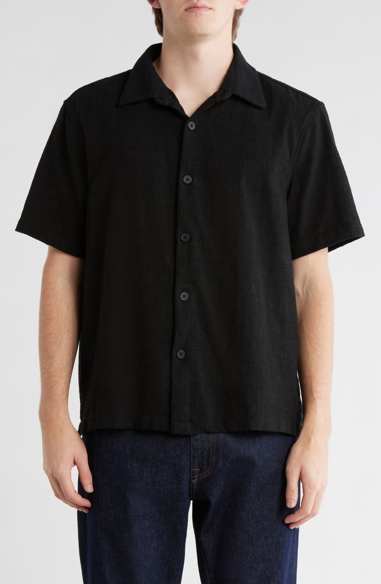 DENIM AND FLOWER Textured Short Sleeve Button-Up Shirt, Main, color, Black