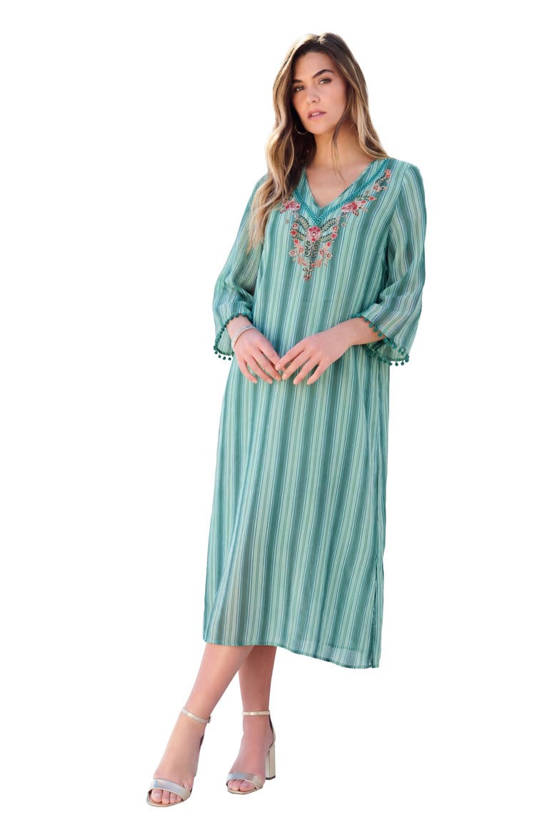 Hand Crinkled Embellished Kaftan, Main, color, ANTIQUE MINT COASTAL STRIPE