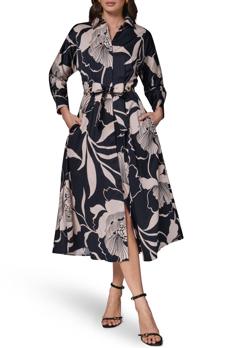 Floral Long Sleeve Fit & Flare Shirtdress, Main, color, BLACK/ OAT MULTI