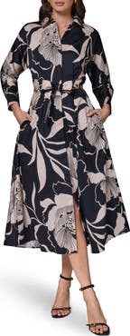 Donna Karan New York Floral Long Sleeve Fit & Flare Shirtdress