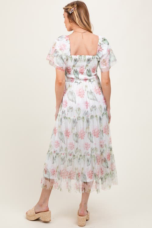 Pinkblush Floral Mesh Smocked Midi Dress In White