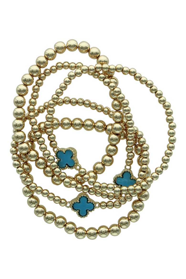 Set of 5 Clover Beaded Stackable Bracelets, Main, color, GOLD / BLUE