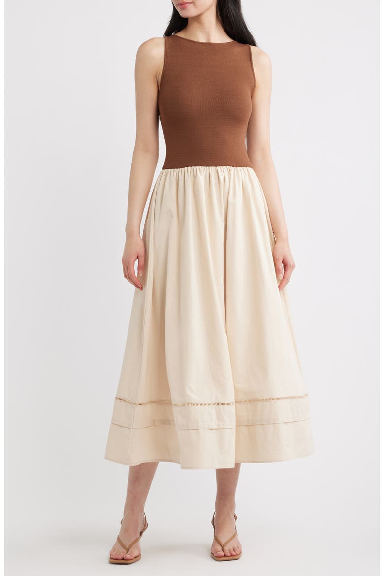 Mixed Media Lace Inset Midi Dress, Main, color, BROWN