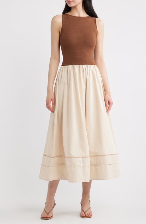 Mixed Media Lace Inset Midi Dress