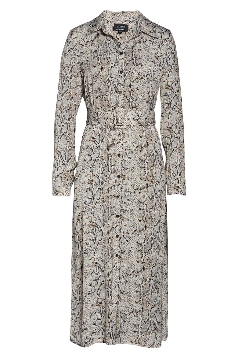 Snake Print Long Sleeve Belted Midi Shirtdress, Alternate, color, NUDE SNAKE