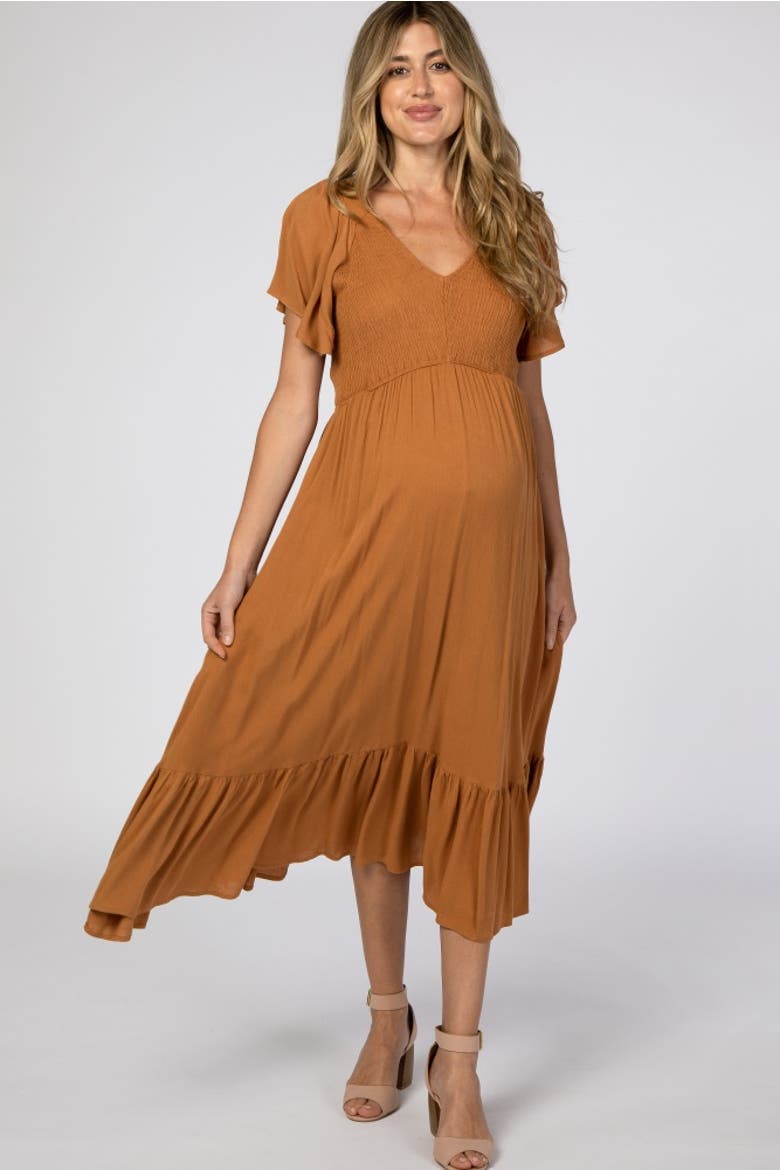 Smocked V-Neck Midi Dress, Alternate, color, Brown