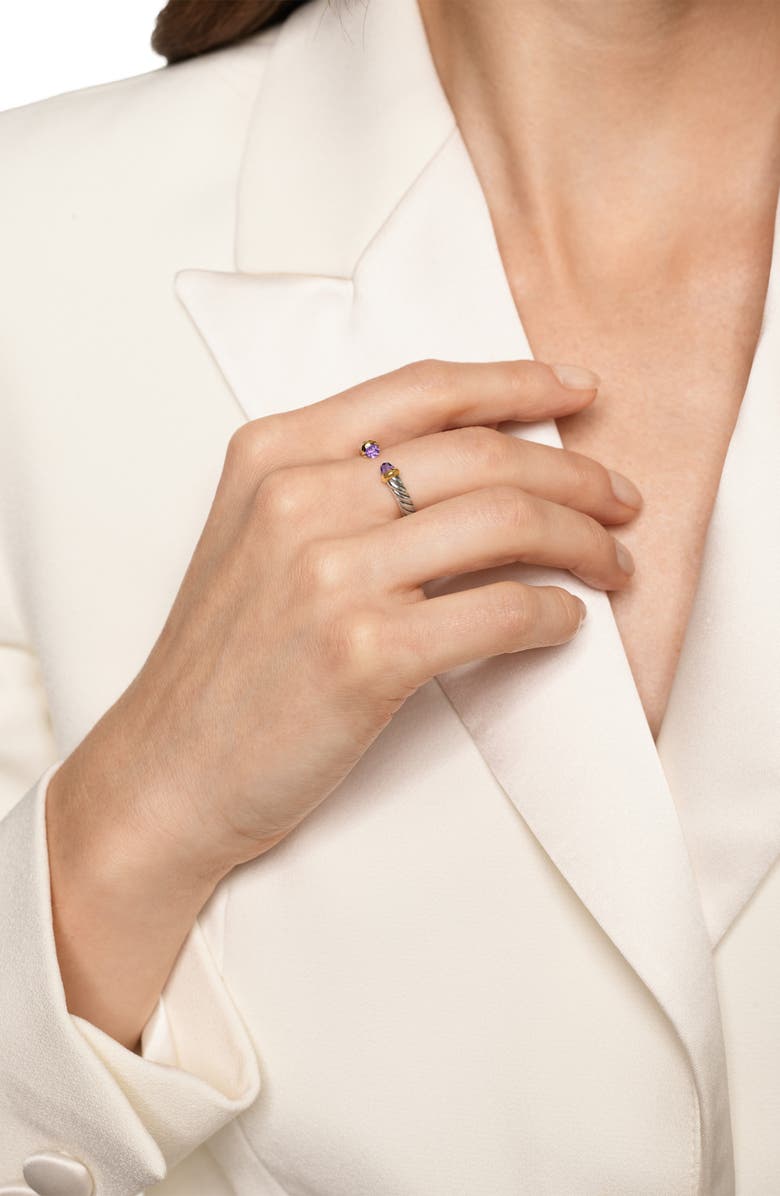 David Yurman Petite Cable Open Ring in Sterling Silver with 14K Yellow Gold, 3.4mm, Alternate, color, Amethyst