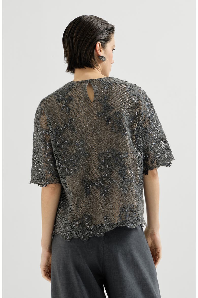 Dazzling lace embroidery t-shirt in sparkling mohair and wool, Alternate, color, Dark Grey