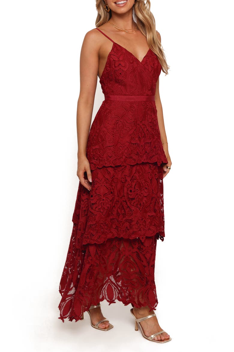 Elijah Lace Tulle Tiered Maxi Dress, Alternate, color, RED
