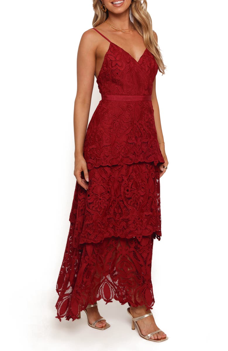 Petal & Pup Elijah Lace Tulle Tiered Maxi Dress, Alternate, color, Red