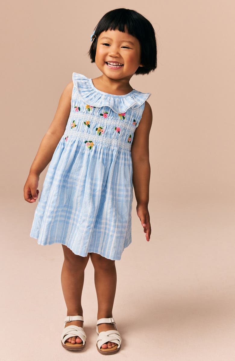 NEXT Kids' Stripe Embroidered Shirred Cotton Dress, Alternate, color, Blue