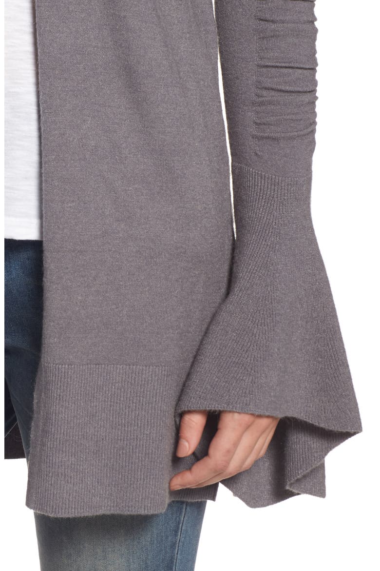 Ruched Bell Sleeve Cardigan, Alternate, color, GREY DARK HEATHER