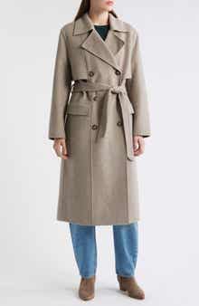 BOSS Caspina Belted Double Faced Wool Blend Trench Coat