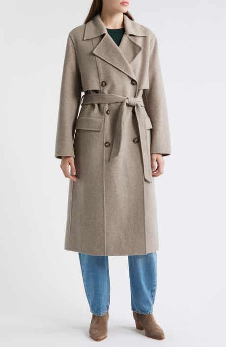 BOSS Caspina Belted Double Faced Wool Blend Trench Coat