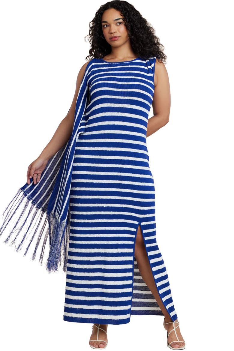 Fringe Detail Striped Knit Maxi Dress, Main, color, BLUE WHITE STRIPE