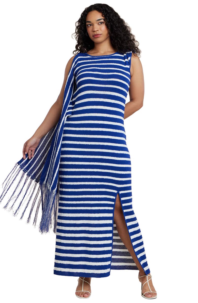 ELOQUII Fringe Detail Striped Knit Maxi Dress, Main, color, Blue White Stripe