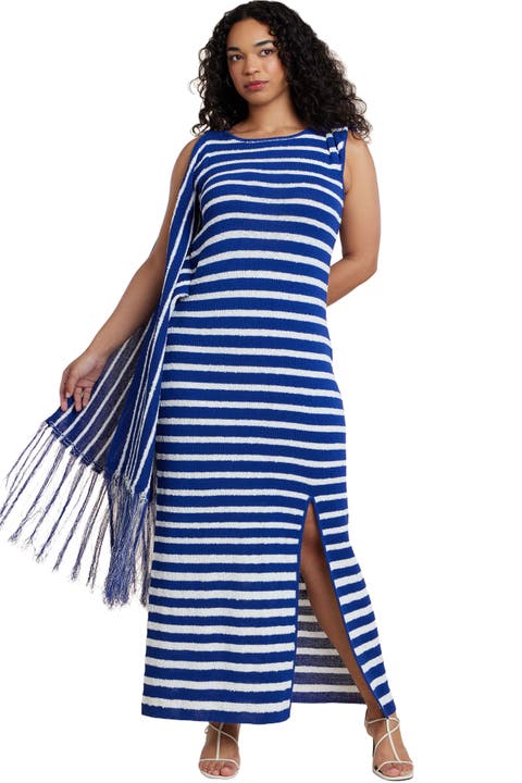 Fringe Detail Striped Knit Maxi Dress (Plus)