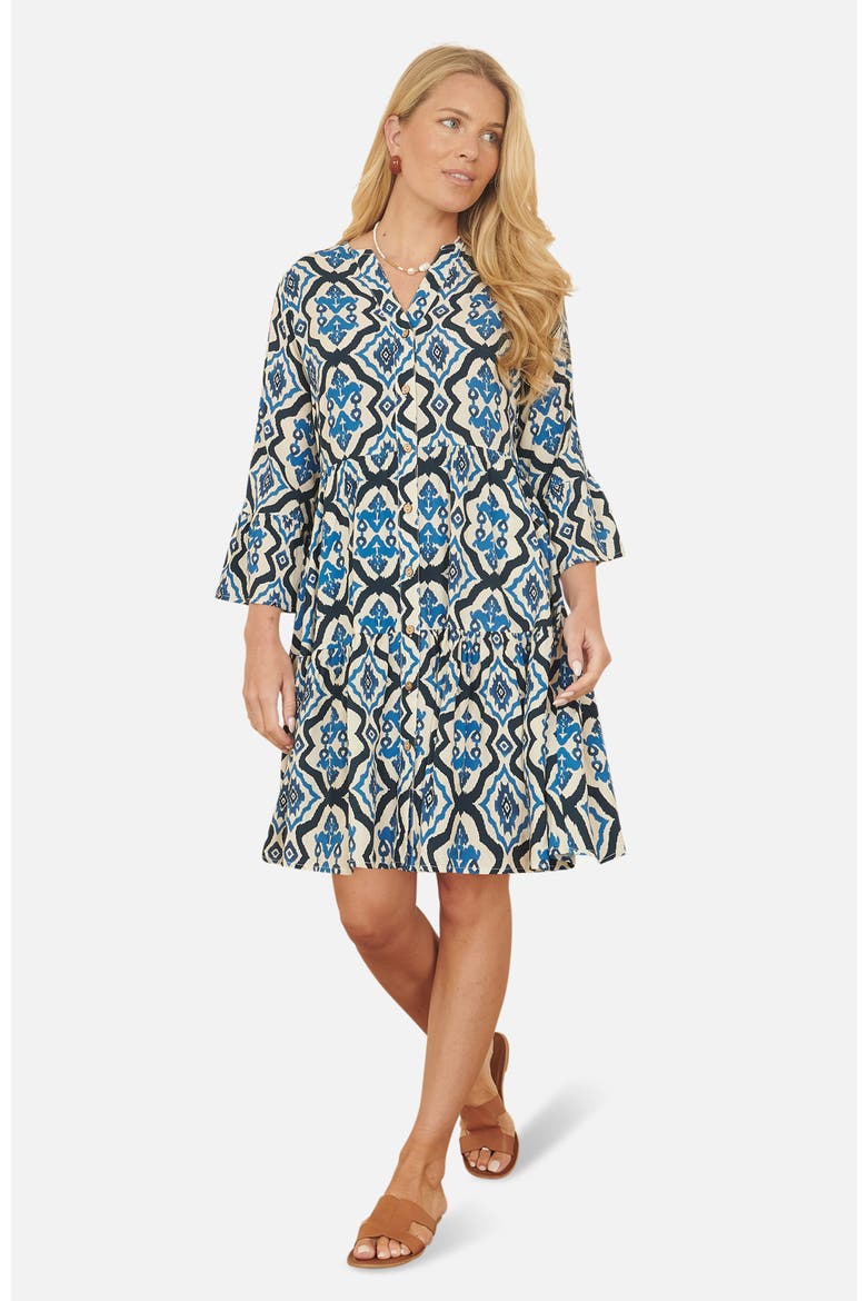 Ikat Print 3/4 Sleeve Tunic Dress, Main, color, Blue