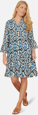 Yumi Ikat Print 3/4 Sleeve Tunic Dress