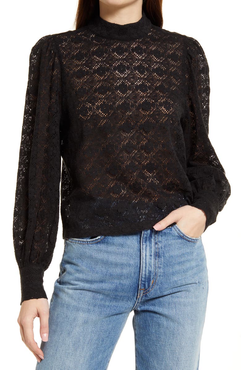 Treasure & Bond Semisheer Mock Neck Long Sleeve Lace Blouse, Main, color,